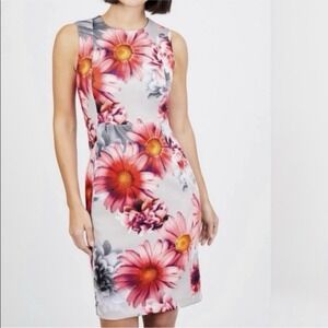 Calvin Klein Colorful Floral Beige Scuba Knit Sleeveless Sheath Dress Size 4